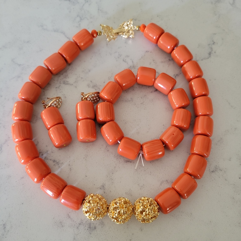 Elegant Orange and Gold Beaded Jewelry Set